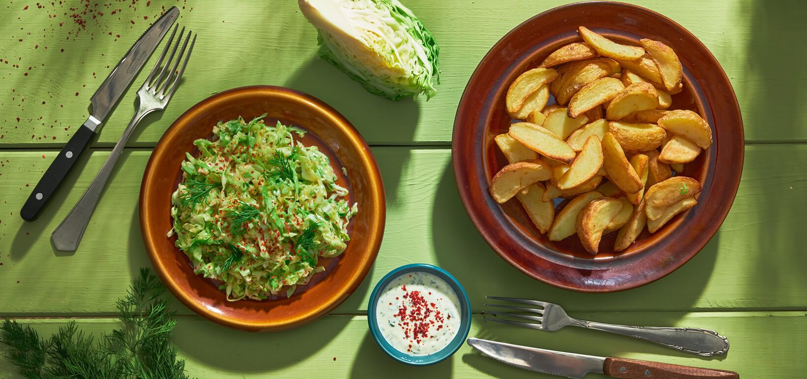AVIKO Pati Parts with young cabbage salad and mustard-dill sauce